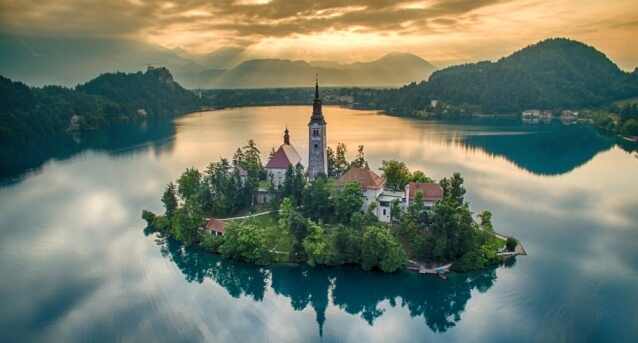 Beatuiful Aerial Shot Over Slovenia's Lake Bled